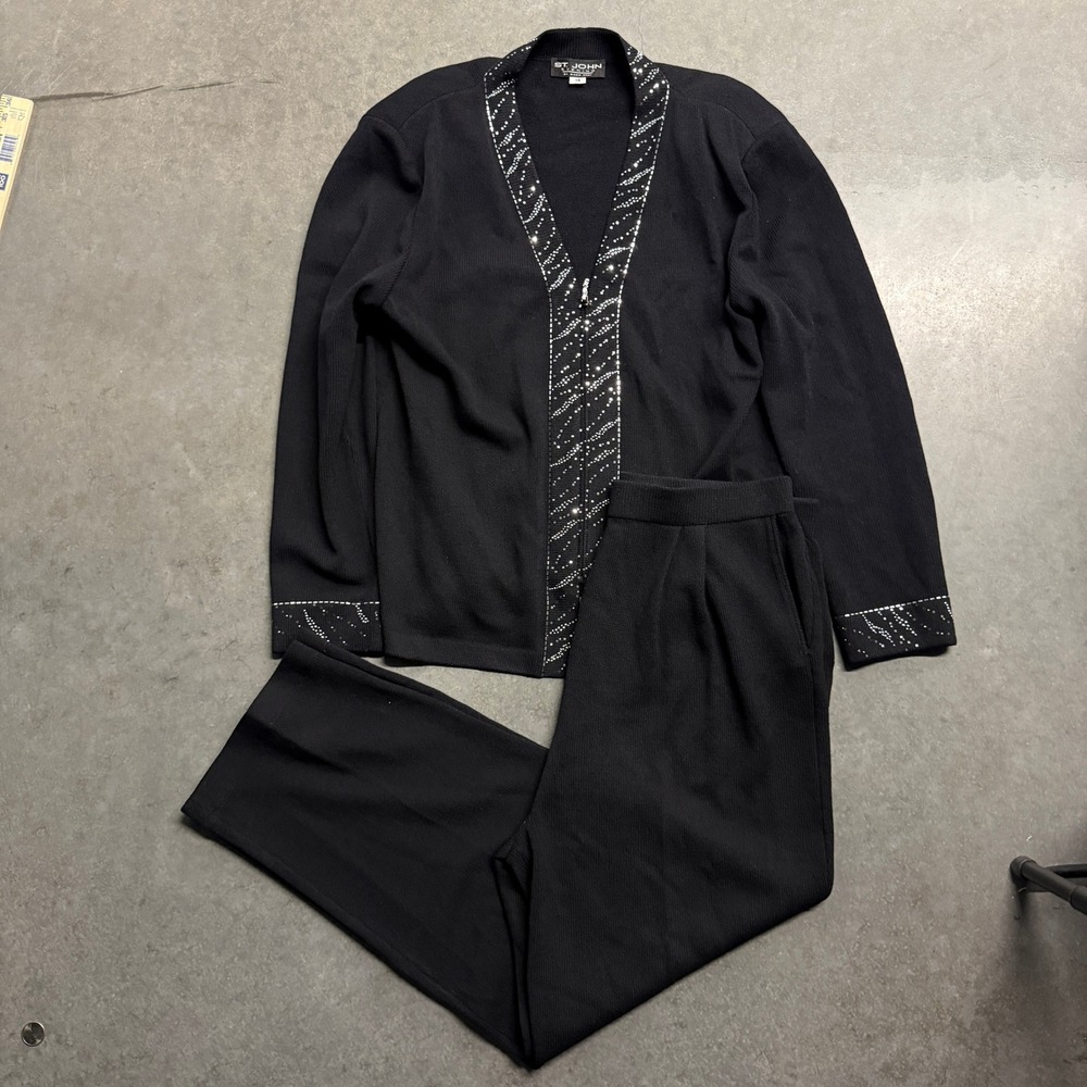 St. John Evening Marie Gray Black Santana Knit Embellished Pant Suit Set Size 16